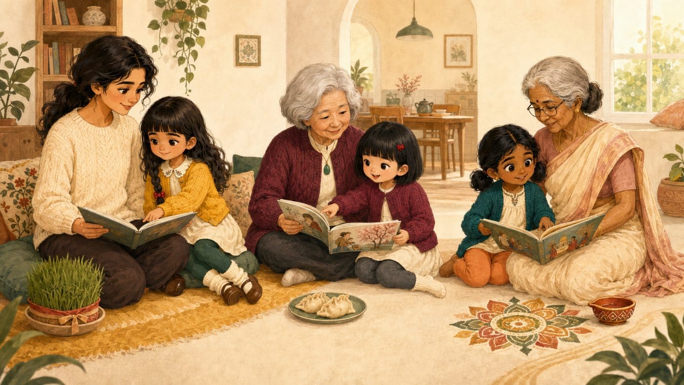 The memummi World — three families reading together